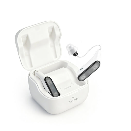 Techmi FacePro RIC hearing aid styled like Bluetooth earbud with app control